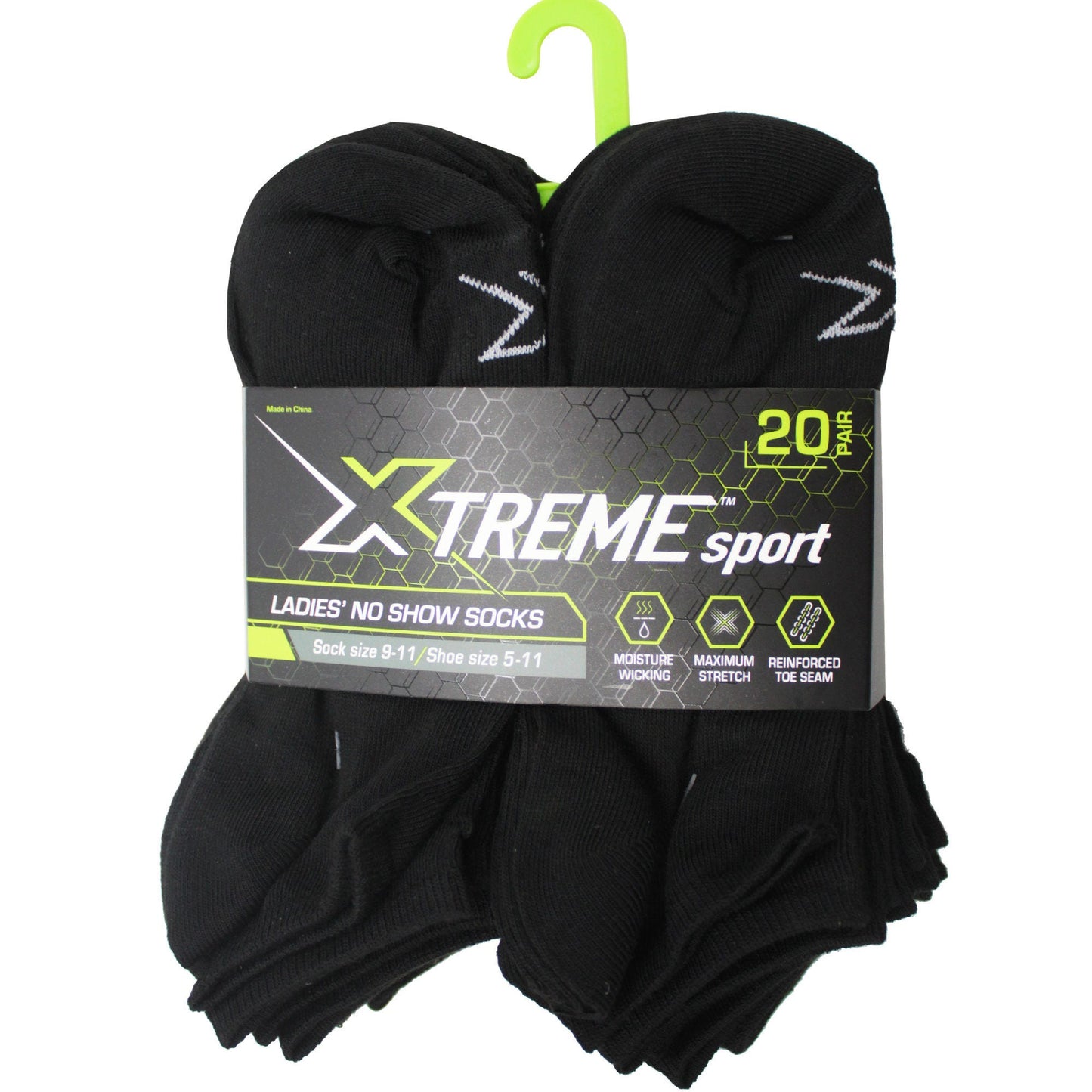 Xtreme Sport 20 Pack Ladies No Show Socks in Black Size 9-11