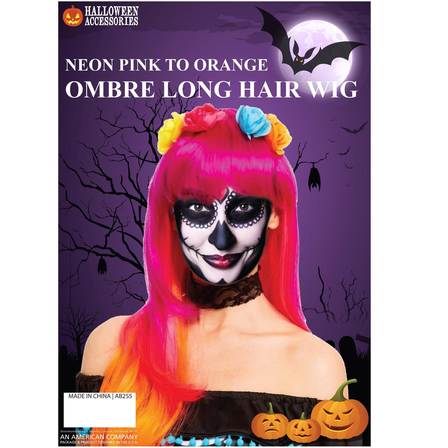 Neon Pink to Orange Ombre Long Hair Wig with Bangs