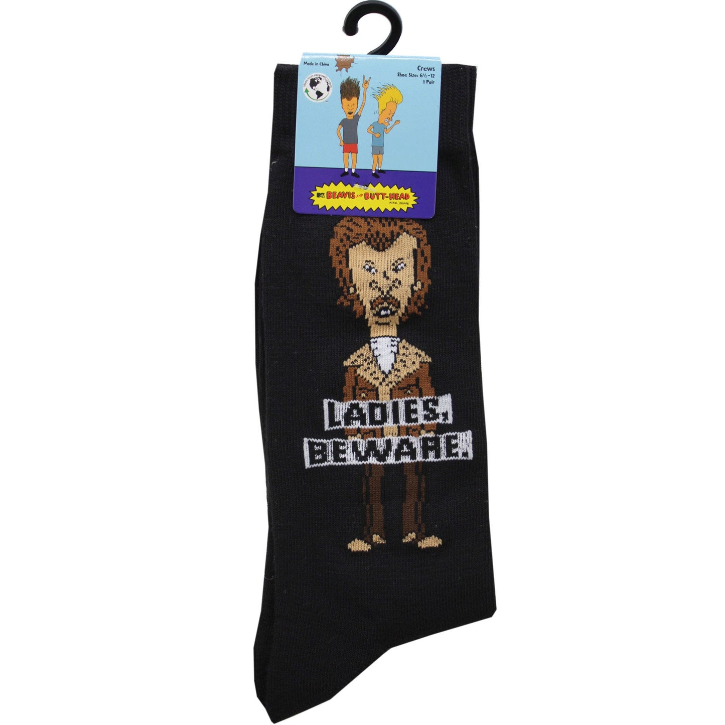 1 Pack Beavis and Butthead Ladies Beware Black Mens Crew Socks in Sizes 10-13