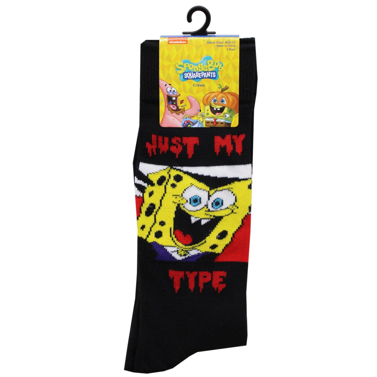 1 Pack Nickelodeon Spongebob Just My Type Recycled Yarn Crew Socks in Sizes 10-13