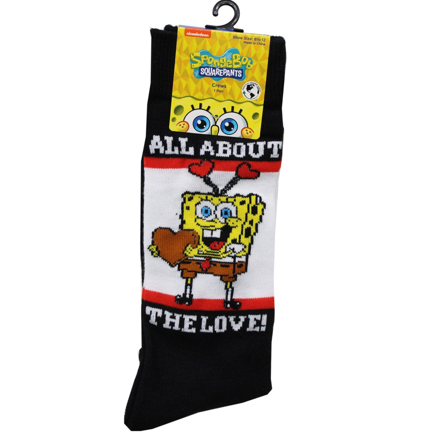 1 Pack Nickelodeon Spongebob All About the Love Recycled Yarn Crew Socks in Sizes 10-13