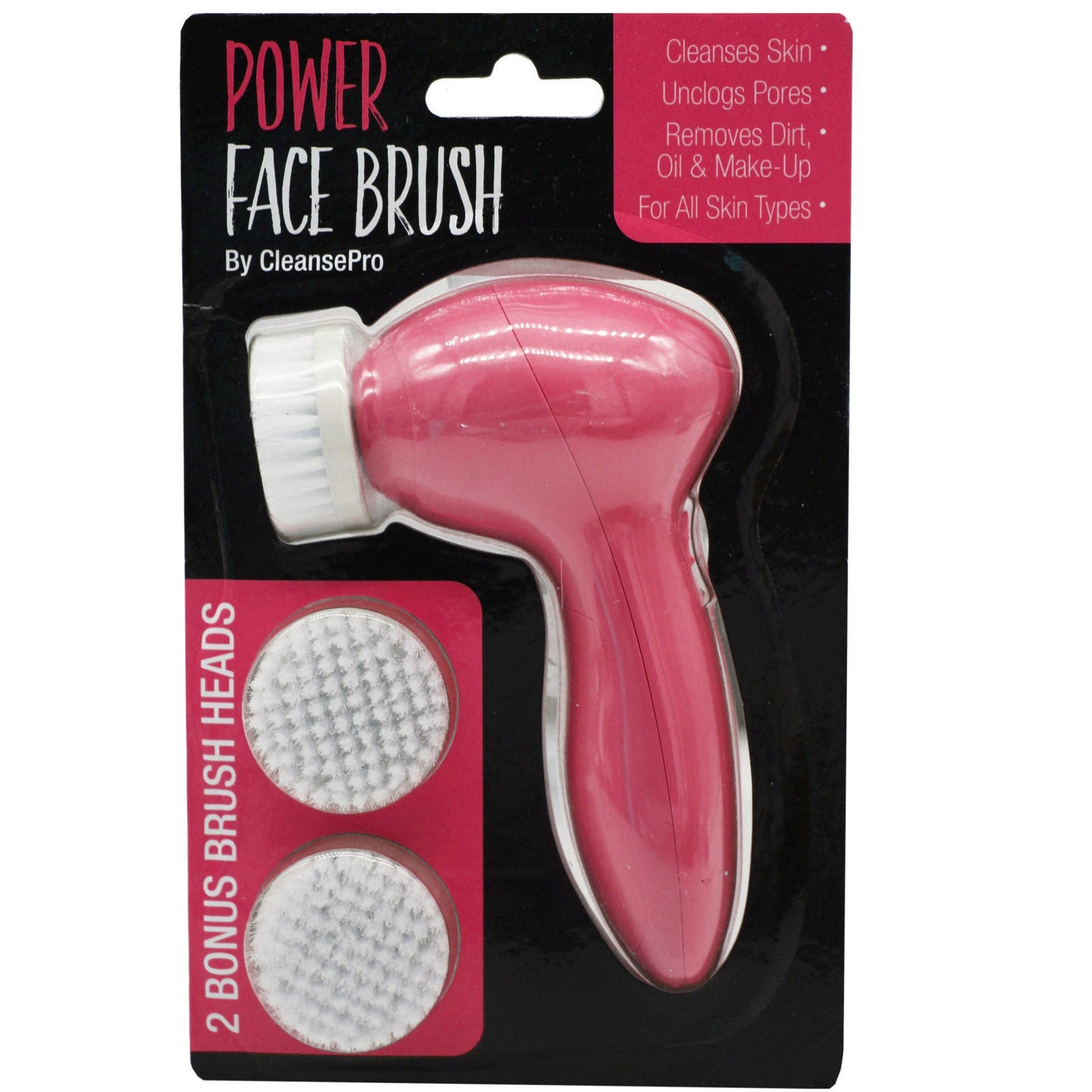 CleansePro Battery Operarted Power Face Brush with 2 Replacement Brush Heads in Pink