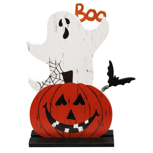 Ghost Pumpkin Wood Tabletop Sign with Flying Bat