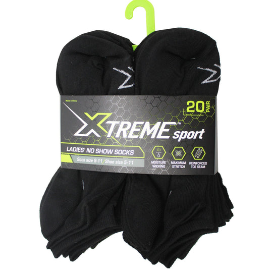 Xtreme Sport 20 Pack Ladies No Show Socks in Black Size 9-11