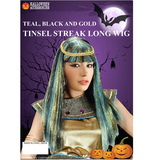 Teal, Black and Gold Tinsel Streak Long Straight Hair Wig with Bangs