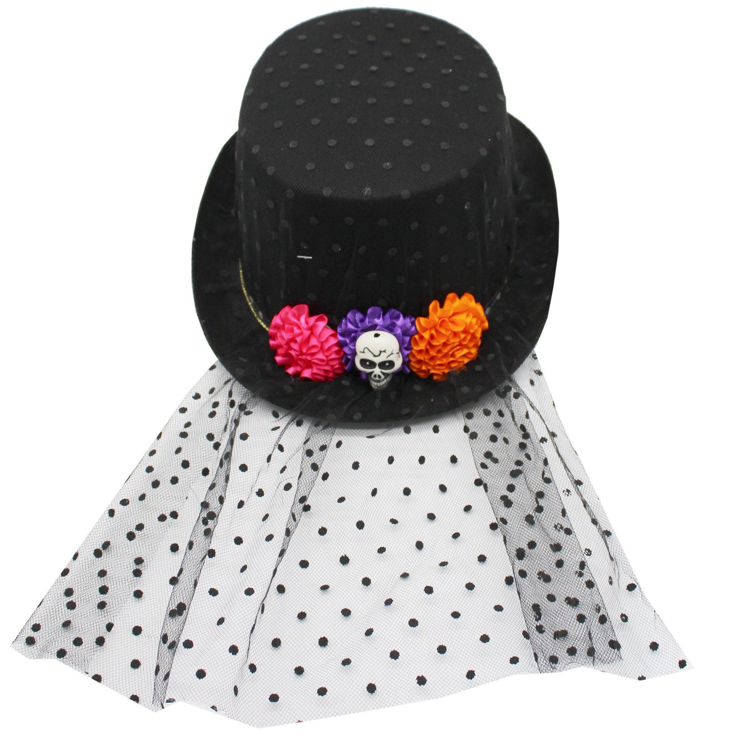 Flower and Skull Voodoo Priestess Top Hat with Lace Covering