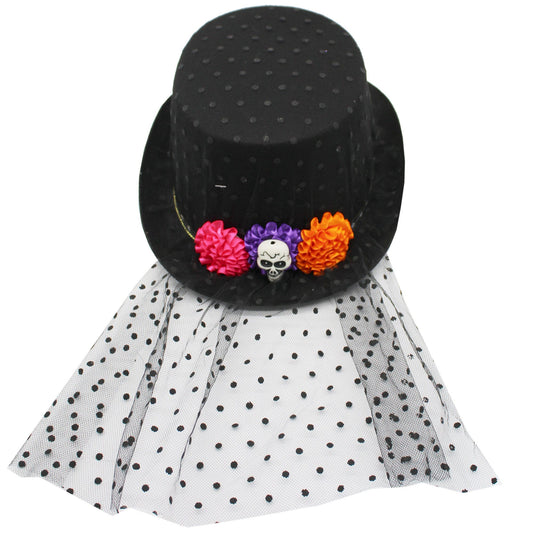 Flower and Skull Voodoo Priestess Top Hat with Lace Covering