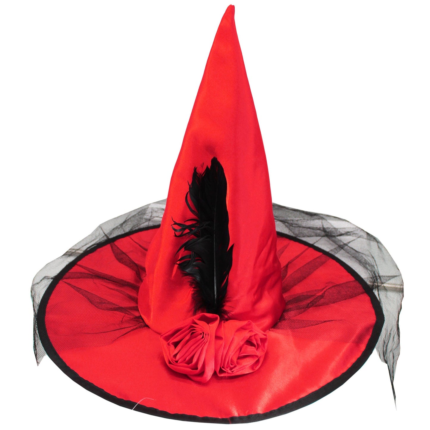 Red Witch Hat with Black Lace and Ribbon Flowers with Feathers