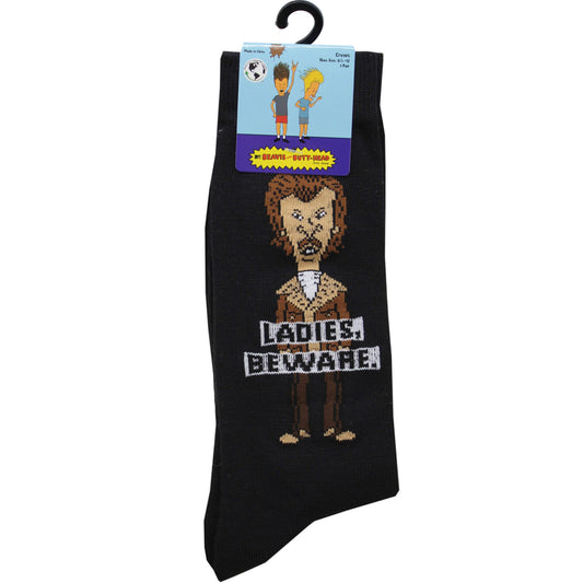 1 Pack Beavis and Butthead Ladies Beware Black Mens Crew Socks in Sizes 10-13